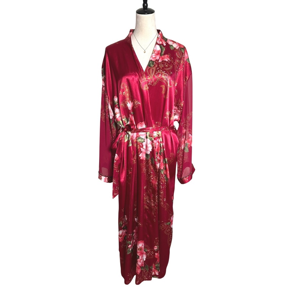 California Dynasty Red Satin Sheer Sleeve Floral Maxi House Robe Romantic Chic